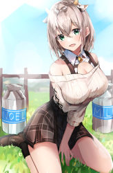 Rule 34 | 1girl, absurdres, black socks, breasts, character name, commentary request, full body, hair between eyes, highres, hololive, large breasts, looking at viewer, medium hair, nanashinayuzu mochi, off-shoulder sweater, off shoulder, plaid, plaid skirt, shirogane noel, shirogane noel (casual), silver hair, sitting, skirt, socks, solo, sweater, virtual youtuber, white sweater