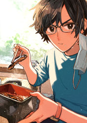 Rule 34 | 1boy, asa no ha (pattern), black eyes, blue shirt, brown hair, chopsticks, commentary request, eating, food, glasses, highres, keishin, long sleeves, looking at viewer, mask, unworn mask, mouth mask, original, shirt, short hair, solo, surgical mask, white mask