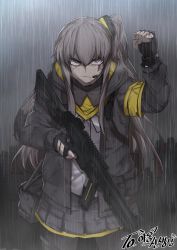 absurdres bleeding blood blouse brown_eyes brown_hair clenched_hand girls&#039;_frontline gun highres holding holding_gun holding_weapon jacket long_hair rain scar shirt side_ponytail solo takoongyi ump45_(girls&#039;_frontline) weapon white_shirt