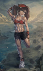 Rule 34 | 1girl, abs, bridge, brown eyes, brown hair, building, cloud, collarbone, footprints, full body, giant, giantess, highres, house, kantai collection, lighthouse, muscular, muscular female, ocean, open mouth, ryuujou (kancolle), shoes, short shorts, shorts, sky, sneakers, solo, sports bra, stretching, sweat, twintails, visor cap, wristband, yilx