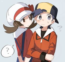 Rule 34 | 1boy, 1girl, ?, backwards hat, black eyes, black hair, black hat, blue overalls, bow, brown eyes, brown hair, cabbie hat, commentary request, creatures (company), edlsov3363, ethan (pokemon), game freak, grey background, hat, hat bow, holding own arm, long sleeves, looking at another, looking to the side, lyra (pokemon), nintendo, overalls, pokemon, pokemon hgss, red bow, red shirt, shirt, spoken question mark, sweatdrop, twintails, two-tone hat, upper body, white hat, yellow hat