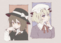 2girls absurdres black_capelet blonde_hair blue_eyes bow breasts bright_pupils brown_eyes brown_hair capelet closed_mouth commentary_request dress fedora hand_on_own_chin hat hat_bow highres kinese_(katasutorohu) long_hair long_sleeves maribel_hearn mob_cap multiple_girls purple_dress short_hair touhou twitter_username usami_renko white_bow white_hat white_pupils