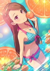Rule 34 | 1girl, bikini, blush, breasts, brown eyes, brown hair, brown hairband, cleavage, closed mouth, collarbone, dot nose, dutch angle, food, front-tie bikini top, front-tie top, fruit, fruit on liquid, gradient background, hair ornament, hairband, highres, holding, holding food, holding fruit, idolmaster, idolmaster (classic), idolmaster million live!, idolmaster million live! theater days, jewelry, long hair, looking at viewer, minase iori, navel, necklace, orange (fruit), pink wristband, polka dot, polka dot bikini, red eyes, small breasts, smile, solo, sparkle, star (symbol), star hair ornament, swimsuit, two-tone bikini, wading, wanoji, water