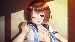 Rule 34 | artist request, blush, bra, grabbing another&#039;s breast, breasts, character request, game cg, grabbing, highres, open mouth, school uniform, short hair, source request, tagme, underwear