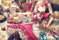 Rule 34 | 2girls, :o, black legwear, blonde hair, blueberry, bottle, box, butler, cake, cake stand, chocolate cake, cup, cupcake, curtains, dress, drinking glass, female butler, flower, food, formal, frilled skirt, frills, fruit, gift, gift box, gloves, green eyes, hair between eyes, hair ribbon, hand on own chest, heart, highres, ice cream, key, lava cake, layered dress, looking at another, looking at viewer, multiple girls, on bed, original, outstretched arm, pantyhose, parfait, pillow, pink flower, pink rose, pouring, puffy short sleeves, puffy sleeves, purple ribbon, reclining, red eyes, ribbon, rose, short hair, short sleeves, shortcake, silver hair, skirt, smile, strawberry, suit, tiered tray, two side up, white flower, white gloves, white rose, wine bottle, wine glass, yumeichigo alice