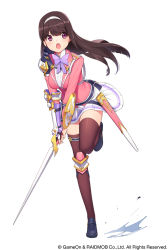 Rule 34 | 1girl, :o, armor, belt, belt pouch, blazer, blue footwear, bow, bowtie, brown hair, character request, charging forward, clothes lift, collared shirt, dashing, dungeon anywhere, eyebrows, female focus, gauntlets, headband, holding, holding sword, holding weapon, jacket, knee pads, loafers, long hair, looking at viewer, mary janes, open mouth, pleated skirt, pouch, purple eyes, running, scabbard, sheath, shield, shirt, shoes, skirt, skirt lift, solo, ssberit, straight hair, striped clothes, striped skirt, surprised, sword, thigh strap, thighhighs, weapon, white background, white shirt, white skirt, zettai ryouiki