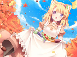 Rule 34 | 1girl, :o, absurdres, acorn, animal ears, apple, apron, apron basket, autumn leaves, bell, blonde hair, blue sky, blurry, blurry foreground, breasts, brown shirt, brown skirt, cat ears, choker, cloud, collarbone, collared shirt, commentary request, day, depth of field, dress shirt, dutch angle, falling leaves, fangs, food, frilled apron, frills, fruit, grapes, green apple, hair between eyes, hair ornament, hairband, heterochromia, highres, jingle bell, leaf, long hair, looking away, maid apron, maple leaf, mushroom, neck bell, open mouth, original, outdoors, persimmon, pink hairband, puffy short sleeves, puffy sleeves, purple eyes, red apple, sasakura momiji, shirt, short sleeves, skirt, sky, small breasts, solo, sparkle, sweet potato, teeth, tree, upper teeth only, white apron, white choker