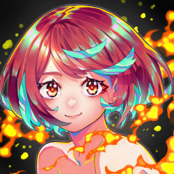 Rule 34 | 1girl, absurdres, bare shoulders, black background, blush, dangle earrings, earrings, fire, green hair, highres, jewelry, looking at viewer, multicolored hair, pyra (xenoblade), red eyes, red hair, short hair, simple background, smile, solo, swept bangs, xenoblade chronicles (series), xenoblade chronicles 2, you nf