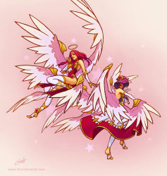 Rule 34 | 2girls, alternate costume, alternate hair color, alternate hairstyle, angel wings, dress, elbow gloves, from side, gloves, gradient background, halo, highres, kayle (league of legends), league of legends, long hair, morgana (league of legends), multiple girls, multiple wings, pink background, pink hair, pink wings, red dress, red hair, siblings, signature, sisters, smile, star (symbol), star guardian (league of legends), thighhighs, thorsten erdt, toeless legwear, twins, watermark, web address, white dress, white gloves, white legwear, white wings, wings