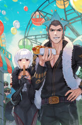 Rule 34 | 1boy, 1girl, absurdres, ace attorney, ace attorney investigations, ace attorney investigations: miles edgeworth, amusement park, balloon, belt, black choker, black dress, black gloves, black pants, black pantyhose, black shirt, blue sky, blunt bangs, breasts, brown eyes, brown hair, china dress, chinese clothes, choker, churro, cleavage, commentary, commission, dress, eating, english commentary, ferris wheel, food, fur collar, fur trim, gloves, grin, hand on own hip, highres, holding, holding food, hot dog, long sleeves, looking at viewer, maro (mrmrbim), open mouth, outdoors, pants, pantyhose, partially unbuttoned, people, red eyes, shi-long lang, shih-na, shirt, short hair, side slit, skeb commission, sky, small breasts, smile, standing, white hair