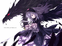 Rule 34 | 00s, 1girl, black dress, black wings, dragon, dress, frilled sleeves, frills, from side, hairband, lolita hairband, long hair, long sleeves, looking down, monster, purple eyes, red eyes, rozen maiden, setuna (jigaren), silver hair, simple background, solo, suigintou, very long hair, white background, wings