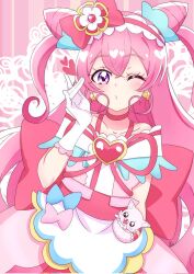 Rule 34 | 1girl, apron, arm behind head, artist name, back bow, blowing kiss, bow, choker, cone hair bun, cure precious, delicious party precure, doily, double bun, dress, earrings, fox, gloves, hair bow, hair bun, highres, jewelry, kome-kome (precure), large bow, long hair, looking at viewer, magical girl, momotarouooi, nagomi yui, off-shoulder dress, off shoulder, one eye closed, pink dress, pink hair, precure, puckered lips, purple eyes, red bow, red choker, red ribbon, ribbon, signature, solo, standing, very long hair, waist apron, white gloves