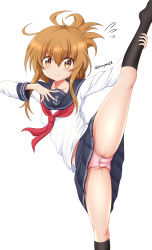 Rule 34 | 1girl, absurdres, anchor symbol, black socks, black sailor collar, black skirt, blush, brown eyes, brown hair, cameltoe, cleft of venus, closed mouth, commentary request, flying sweatdrops, folded ponytail, highres, inazuma (kancolle), kantai collection, kneehighs, leg up, long hair, long sleeves, looking at viewer, panties, pink panties, pleated skirt, red neckwear, sailor collar, shirt, simple background, skirt, smile, socks, solo, split, standing, standing on one leg, standing split, tamayan, twitter username, underwear, white background, white shirt