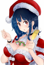 Rule 34 | 1girl, alternate costume, amami amayu, bad id, bad pixiv id, black wristband, blue hair, blush, breasts, christmas, cleavage, collarbone, cropped jacket, cup, detached collar, drinking glass, fur trim, hat, jacket, kantai collection, large breasts, looking at viewer, open mouth, red eyes, red jacket, santa costume, santa hat, simple background, solo, takao (kancolle), upper body, white background, white neckwear, wine glass