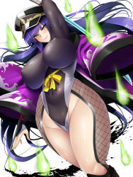 Rule 34 | 1girl, arm up, bodysuit, breasts, curvy, covered erect nipples, fishnets, green eyes, hat, huge breasts, inma kourin devil carnival, japanese clothes, katana, leotard, long hair, looking at viewer, mikan (5555), purple hair, smile, solo, sword, thick thighs, thighs, weapon, wide hips