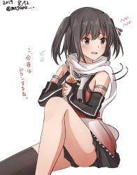 Rule 34 | 1girl, black gloves, black hair, black neckerchief, black skirt, brown eyes, commentary request, dated, elbow gloves, feet out of frame, fingerless gloves, gloves, highres, kantai collection, looking to the side, meguru (megurunn), neckerchief, ninja, one-hour drawing challenge, scarf, school uniform, sendai (kancolle), sendai kai ni (kancolle), serafuku, simple background, single thighhigh, sitting, skirt, solo, thighhighs, twitter username, two side up, white background, white scarf