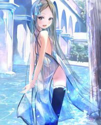 Rule 34 | 1girl, ass, back, bad id, bad pixiv id, bare shoulders, blue dress, blush, breasts, brown eyes, dress, grey hair, long hair, looking at viewer, open mouth, original, parted bangs, sakazakinchan, small breasts, smile, thighhighs, thighs, water
