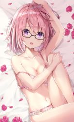 Rule 34 | 1girl, :d, aged down, arm up, bed sheet, black-framed eyewear, bow, bra, breasts, cleavage, fate/grand order, fate (series), feet out of frame, flower, from above, glasses, highres, knee up, looking at viewer, lying, mash kyrielight, medium breasts, navel, on back, open mouth, petals, pink bow, pink bra, pink flower, pink hair, pink rose, purple eyes, rin yuu, rose, rose petals, short hair, smile, solo, stomach, strap slip, thighs, underwear, underwear only