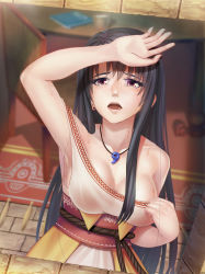 Rule 34 | 1girl, :o, arm up, armpits, asymmetrical clothes, bad id, bad pixiv id, black hair, blurry, breasts, brick, brick floor, carpet, cleavage, day, depth of field, dress, earrings, eyebrows, eyelashes, hair over shoulder, hand on forehead, highres, hot, jewelry, large breasts, lips, long hair, magatama, mikan@renshu-chu, necklace, open mouth, original, outdoors, pendant, pillar, purple eyes, sash, sidelocks, solo, standing, summer, sunlight, sweat, sweatdrop, thick eyebrows, tsurime, upper body, very long hair, wet, white dress
