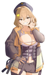 Rule 34 | 1girl, absurdres, ahoge, anis (nikke), arm up, bandolier, beret, black hat, black jacket, black shorts, black thighhighs, blush, breasts, brown eyes, brown hair, cat hair ornament, cleavage, collarbone, crop top, fingerless gloves, gloves, goddess of victory: nikke, grey gloves, hair between eyes, hair ornament, hat, highres, jacket, large breasts, long sleeves, looking at viewer, maton 3110, midriff, navel, open clothes, open jacket, open mouth, shirt, short hair, short shorts, shorts, sidelocks, single fingerless glove, skindentation, smile, solo, standing, teeth, thigh strap, thighhighs, white shirt