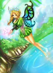 Rule 34 | 1girl, blonde hair, braid, bug, butterfly, dutch angle, fairy, flower, happy, headdress, bug, long hair, mercedes (odin sphere), monster girl, nadir, odin sphere, pond, puff and slash sleeves, puffy sleeves, red eyes, smile, solo, twintails, water, water float, wings