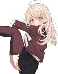 Rule 34 | 1girl, ahoge, akamatsu kaede, black skirt, blonde hair, cosplay, crossed arms, danganronpa (series), danganronpa v3: killing harmony, feet out of frame, from side, hair ornament, hairclip, harukawa maki, harukawa maki (cosplay), highres, knees up, long hair, long sleeves, looking at viewer, looking to the side, miniskirt, nokoru sora, pleated skirt, red eyes, red shirt, red thighhighs, sailor collar, shirt, simple background, skirt, solo, thighhighs, white background