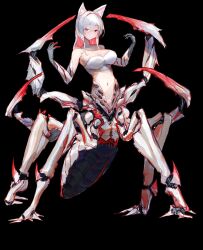 1girl animal_ear_fluff animal_ears arthropod_girl black_background breasts carapace colored_inner_hair extra_arms extra_legs full_body grey_eyes heterochromia highres kasanomaya large_breasts looking_at_viewer medium_hair multicolored_hair original red_eyes red_hair solo standing white_hair