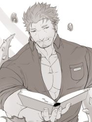 Rule 34 | 1boy, bad id, bad twitter id, bara, book, dagon (housamo), facial hair, fins, greyscale, hair slicked back, hair strand, hinokumo f, holding, holding book, jewelry, large pectorals, long sideburns, male focus, monochrome, muscular, necklace, open book, partially unbuttoned, pectoral cleavage, pectorals, short hair, sideburns, smile, solo, stubble, tentacles, tokyo houkago summoners, upper body, white background