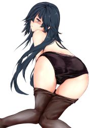 Rule 34 | 1girl, absurdres, ass, bad id, bad twitter id, black hair, blush, clothes pull, from behind, hair over one eye, hair ribbon, hayashimo (kancolle), highres, kantai collection, long hair, looking at viewer, looking back, panties, pantyhose, pantyhose pull, purple eyes, purple panties, ribbon, rizzl, sidelocks, simple background, solo, thighs, underwear, underwear only, very long hair, white background