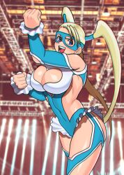 Rule 34 | akisu k, bare shoulders, blonde hair, blue eyes, breasts, cleavage cutout, clothing cutout, large breasts, long hair, long sleeves, mask, rainbow mika, shoulder cutout, street fighter, twintails, very long hair, wrestling outfit