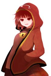 Rule 34 | 1girl, adapted costume, arano oki, dress, hands in pockets, hood, hoodie, kawashiro mitori, lock, looking at viewer, open clothes, open hoodie, open mouth, red eyes, red hair, shirt, skirt, skirt set, smile, solo, touhou, twintails