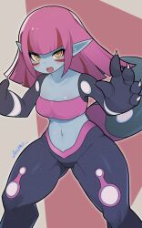 Rule 34 | 1girl, absurdres, blue skin, blunt bangs, breasts, claws, cleavage, colored skin, duna (fossil fighters), facial mark, fossil fighters, highres, long hair, looking at viewer, medium breasts, navel, open mouth, pink hair, pointy ears, ryuusui arumo, sharp teeth, solo, teeth, upper teeth only, yellow eyes