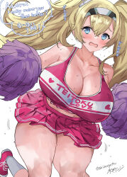 Rule 34 | 1girl, bare shoulders, blonde hair, blue eyes, blush, breasts, cheerleader, cowboy shot, crop top, gambier bay (kancolle), hair between eyes, hairband, highres, holding, kantai collection, large breasts, long hair, looking at viewer, midriff, miniskirt, mizuta kenji, navel, open mouth, pleated skirt, pom pom (cheerleading), simple background, skirt, sleeveless, solo, twintails, white background