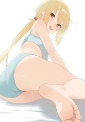 Rule 34 | 1girl, arm support, ass, bare legs, barefoot, blonde hair, blue bra, blue panties, blush, bra, breasts, commentary request, feet, from behind, hair between eyes, hair tie, highres, kantai collection, long hair, looking at viewer, looking back, low twintails, lying, open mouth, panties, sakieko, satsuki (kancolle), sidelocks, simple background, small breasts, smile, soles, solo, thighs, twintails, underwear, underwear only, very long hair, white background, yellow eyes