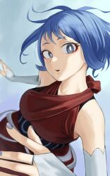 Rule 34 | 1girl, absurdres, blue eyes, blue hair, blue nails, boku no hero academia, dress, elbow gloves, fengling (furin-jp), fingerless gloves, gloves, hadou nejire, hands up, highres, looking at viewer, nail polish, official alternate hairstyle, parted lips, red dress, short hair, sleeveless, sleeveless dress, solo