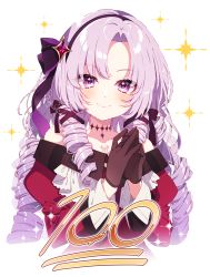 Rule 34 | 1girl, black hairband, blush, brown gloves, closed mouth, commentary request, cropped torso, dress, drill hair, gloves, hairband, hands up, highres, hyakumantenbara salome, hyakumantenbara salome (1st costume), juliet sleeves, long hair, long sleeves, looking at viewer, mamyouda, milestone celebration, nijisanji, off-shoulder dress, off shoulder, parted bangs, puffy sleeves, purple eyes, purple hair, red dress, signature, simple background, smile, solo, sparkle, upper body, very long hair, virtual youtuber, white background
