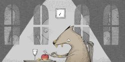 Rule 34 | :p, apple, clock, drinking glass, flower, fork, indoors, knife, no humans, original, parallela66, partially colored, plate, tongue, tongue out, window, wine glass, wolf