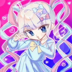 Rule 34 | 1girl, 9wkmortravcefec, :d, blonde hair, blue bow, blue eyes, blue hair, blue serafuku, blue shirt, blue skirt, blunt bangs, bow, chouzetsusaikawa tenshi-chan, gradient background, hair bow, halo, hands up, highres, long hair, long sleeves, looking at viewer, multicolored hair, needy girl overdose, open mouth, outline, pink bow, pink hair, pleated skirt, purple bow, quad tails, sailor collar, school uniform, serafuku, shirt, skirt, smile, solo, v, very long hair, white outline