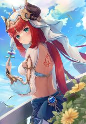 Rule 34 | 1girl, aqua eyes, back tattoo, bare back, blue skirt, blue sky, blush, bracer, breasts, circlet, closed mouth, clothing cutout, cloud, crop top, day, dutch angle, fake horns, falling leaves, flower, from behind, genshin impact, gold trim, highres, holding, holding flower, horns, itone 114, leaf, long hair, long sleeves, looking at viewer, looking back, low twintails, median furrow, medium breasts, nilou (genshin impact), outdoors, parted bangs, plant, puffy long sleeves, puffy sleeves, red hair, shrug (clothing), skirt, sky, smile, solo, tattoo, twintails, veil, vision (genshin impact), white headwear, wind, yellow flower