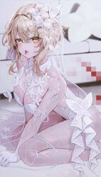 Rule 34 | 1girl, absurdres, blonde hair, breasts, bridal veil, butterfly hair ornament, censored, dress, flower, genshin impact, gloves, hair flower, hair ornament, highres, indol, large breasts, looking at viewer, lumine (genshin impact), medium breasts, mosaic censoring, revision, short hair with long locks, sidelocks, solo, tongue, tongue out, veil, wedding dress, white gloves, yellow eyes