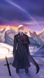 Rule 34 | 1boy, absurdres, belt, black belt, black coat, black necktie, blonde hair, blood, closed mouth, coat, collared shirt, flag, hair between eyes, highres, long coat, looking at viewer, male focus, mmlyno, mountain, necktie, original, outdoors, partially blind, scar, scar across eye, shirt, short hair, side cape, signature, snow, solo, sunset, sword, weapon, white shirt