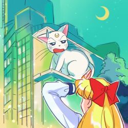 Rule 34 | 1girl, aino minako, animal, annoyed, artemis (sailor moon), bishoujo senshi sailor moon, blonde hair, bow, building, cat, city, crescent moon, facial mark, facing another, forehead mark, hair bow, long sleeves, moon, night, night sky, open mouth, outdoors, red bow, shirt, sky, skyscraper, suzuki (2red moon3), sweatdrop, tree, upper body, white cat, white shirt