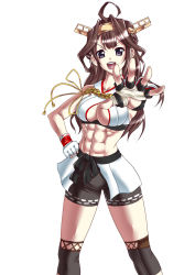 Rule 34 | 1girl, abs, adapted costume, ahoge, bike shorts, brown hair, double bun, fingerless gloves, gloves, kantai collection, knee brace, kongou (kancolle), long hair, looking at viewer, midriff, mma gloves, navel, outstretched hand, rigid, rigidsteed, shorts, simple background, sports bra
