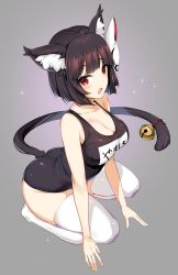Rule 34 | 1girl, animal ears, azur lane, bell, black hair, blunt bangs, breasts, cat ears, cat tail, cleavage, fang, fox mask, full body, grey background, highres, icomochi, jingle bell, large breasts, leaning forward, mask, mask on head, name tag, one-piece swimsuit, open mouth, red eyes, school swimsuit, seiza, short hair, simple background, sitting, solo, sparkle, swimsuit, tail, tail bell, tail ornament, thighhighs, white thighhighs, yamashiro (azur lane)