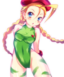 Rule 34 | 1girl, arms behind back, bare shoulders, beret, blonde hair, blue eyes, braid, breasts, cammy white, capcom, female focus, hat, leotard, long hair, solo, street fighter, sys.ao, twin braids, white background