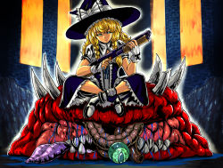 Rule 34 | 1girl, black dress, black footwear, blonde hair, blood, blue blood, boots, bow, braid, colored blood, commentary, commentary request, corpse, crossed legs, crossover, death, doom (series), dress, english commentary, eyeball, fangs, frilled dress, frills, frown, green eyes, gun, hair bow, hair ribbon, half-closed eyes, hands up, hat, holding, holding weapon, kirisame marisa, looking down, low twin braids, monster, puffy short sleeves, puffy sleeves, ribbon, short sleeves, shotgun, sitting, substance20, teeth, touhou, twin braids, weapon, white bow, witch hat, wrist cuffs