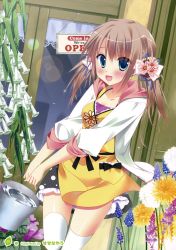 Rule 34 | 1girl, :d, absurdres, blue eyes, brown hair, bucket, door, flower, flower shop, hair flower, hair ornament, highres, jacket, low twintails, open mouth, sesena yau, shop, skirt, smile, solo, twintails