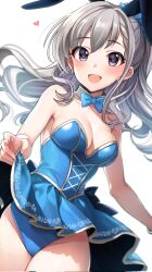 Rule 34 | 1girl, animal ears, bare shoulders, blue bow, blue bowtie, blue eyes, blue leotard, blue skirt, blush, bow, bowtie, braid, breasts, cleavage, clothes lift, collarbone, detached collar, fake animal ears, grey hair, highres, hisakawa hayate, idolmaster, idolmaster cinderella girls, idolmaster cinderella girls starlight stage, leotard, leotard peek, long hair, looking at viewer, medium breasts, open mouth, popon ta, rabbit ears, skirt, skirt lift, smile, solo, thighs, very long hair