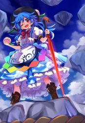 Rule 34 | 1girl, baba (baba seimaijo), black hat, blue hair, blue skirt, boots, bow, bowtie, brown footwear, cloud, dress, food, frilled dress, frills, from below, fruit, full body, hat, highres, hinanawi tenshi, holding, holding food, holding fruit, holding sword, holding weapon, keystone, leaf, long hair, looking at viewer, one eye closed, open mouth, peach, puffy short sleeves, puffy sleeves, rainbow order, red bow, red bowtie, red eyes, rope, shimenawa, shirt, short sleeves, skirt, sky, smile, solo, sword, sword of hisou, touhou, weapon, white frills, white shirt, white sleeves