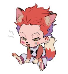Rule 34 | 1boy, :3, animal ear fluff, animal ears, animal feet, animal hands, bare arms, bare shoulders, barefoot, body fur, chibi, extra ears, facial mark, fang, fox boy, fox ears, fox tail, furrification, furry, furry male, half-closed eyes, hisoka morow, hunter x hunter, male focus, open mouth, pants, qin (7833198), red hair, sash, short hair, simple background, sitting, sleeveless, snout, soles, solo, star (symbol), star print, tail, white background, yellow eyes